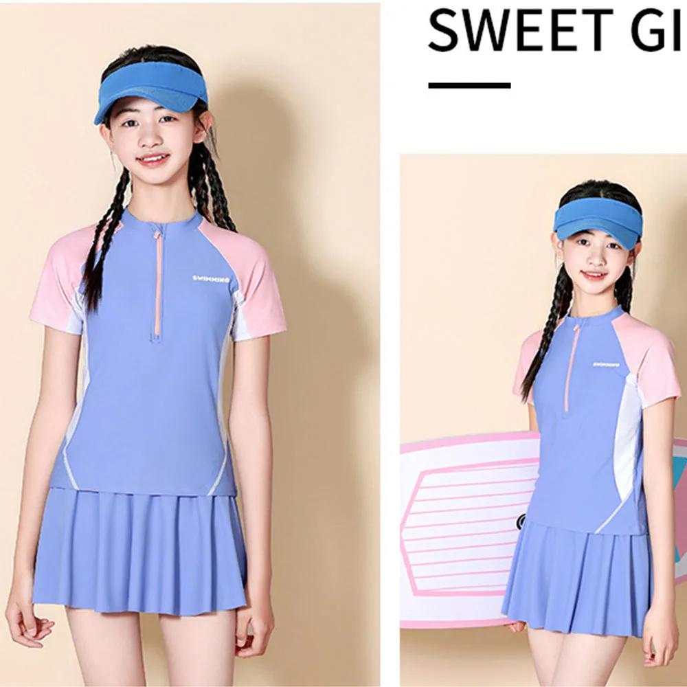 Two Piece Zipper Top Swimsuit for Children and Girls Swimming Skirt Sun Protection Quick Drying Student Sports Summer Swimsuit