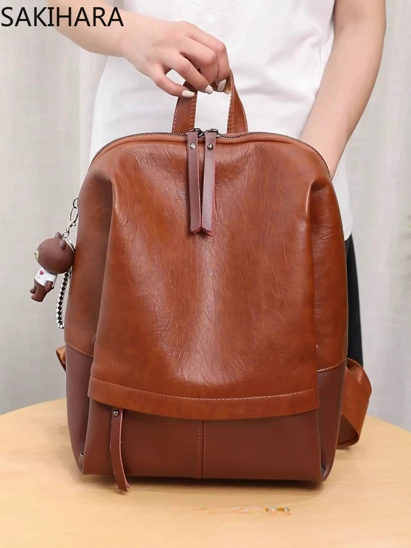 

School Backpack for College Students Cow Leather Solid Color Casual Large Capacity Vintage All Match Teenager Simple Schoolbags