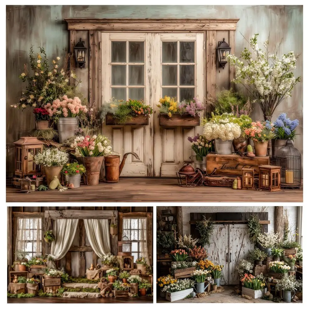 Spring Easter Wooden House Backdrop Flowers Plants Interior Room Baby Shower Kids Birthday Party Decor Photography Background
