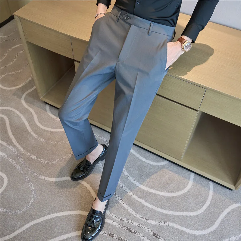 [OIMG] Premium Solid Color Elastic Men's Casual Pants Slim Fit Small Foot Trousers White