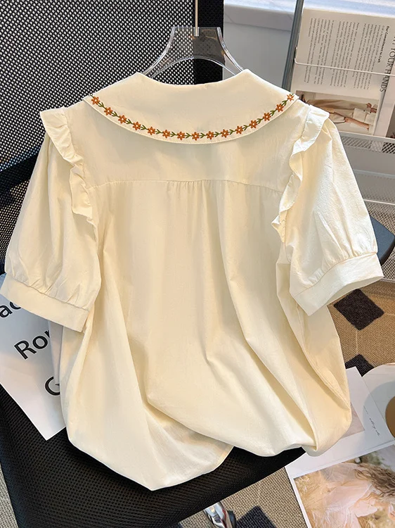 Colar de boneca bordado ort sve feminino irt versátil formal sle verão novo design redução de idade topo na moda