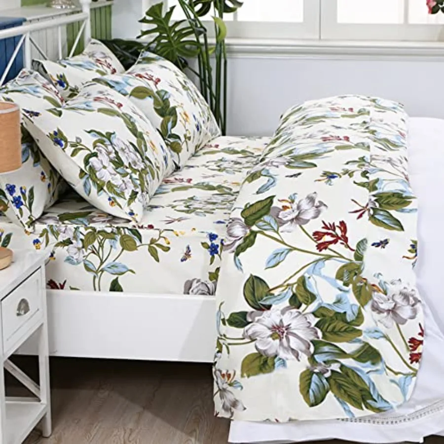 

Shabby Floral Sheets 100% Cotton 600 TC White Flower and Leaves Bedding Vintage Garden Botanical Print Country Side Bed Sheet D