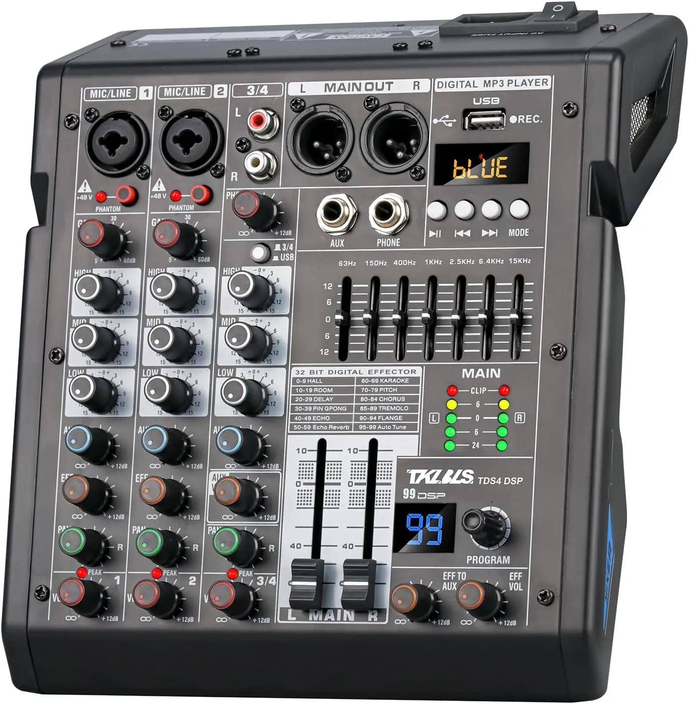 4-Channel Mixing Console for Home Audio, USB Sound Mixer Board with 99 DSP Effects, 48V Phantom Power and XLR Inputs, Perfect for Karaoke and Recording