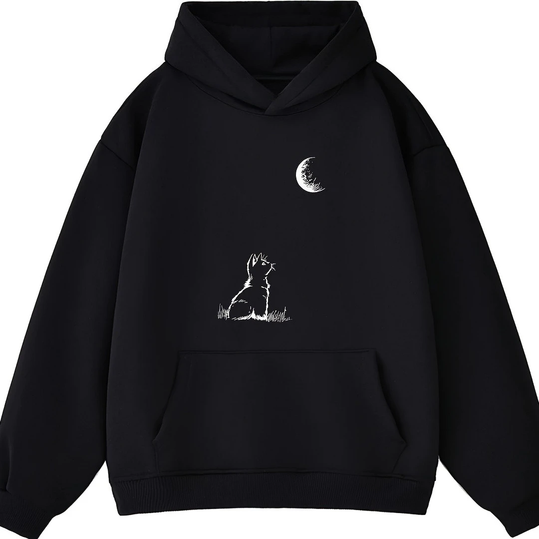 2026 New Style Brown Hoodie Men Sketch Cat Watching Crescent Moon Graphic Print Long Sleeve Loose Streetwear Sweatshirt Kids