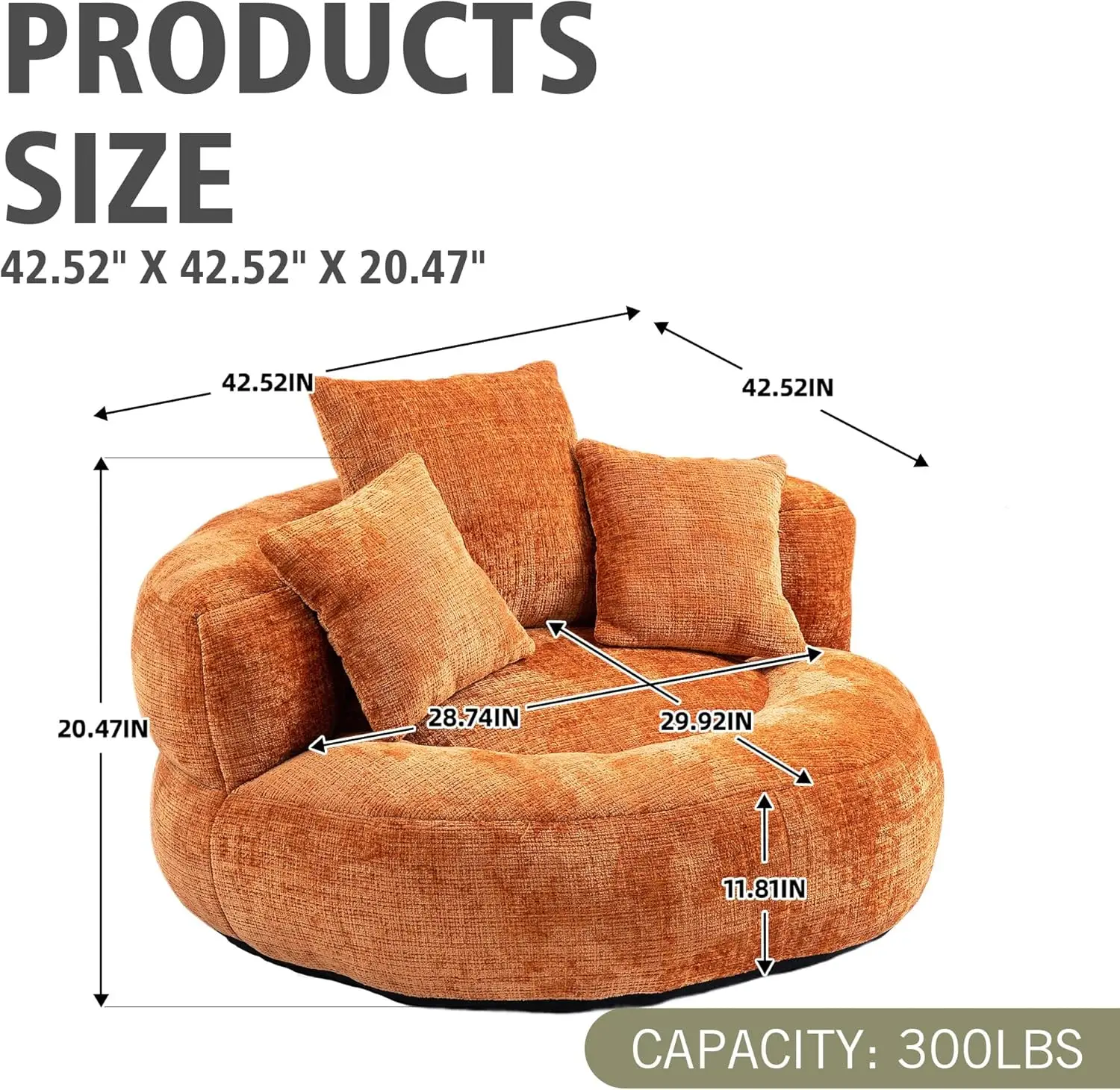 Bean Bag Chair Sofa With Pillows, Beanbag Lazy Chair For Living Room, Stuffed Round Sofa Chair Fluffy Sofa Bed, With Arms, For