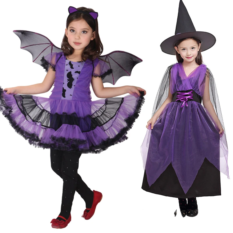 Kids Girls Purple Bat Vampire Princess Dress Fancy Cosplay Costume Witch Clothes with Wing Halloween Role Play Clothing