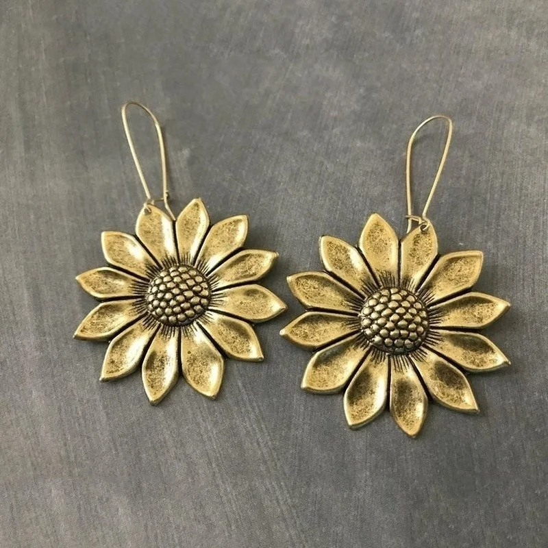 Luxury Gold Color Sunflower Earrings Large Sunflower Boho Floral Inspiration Statement Earrings Woodland Wedding Hippie Jewelry