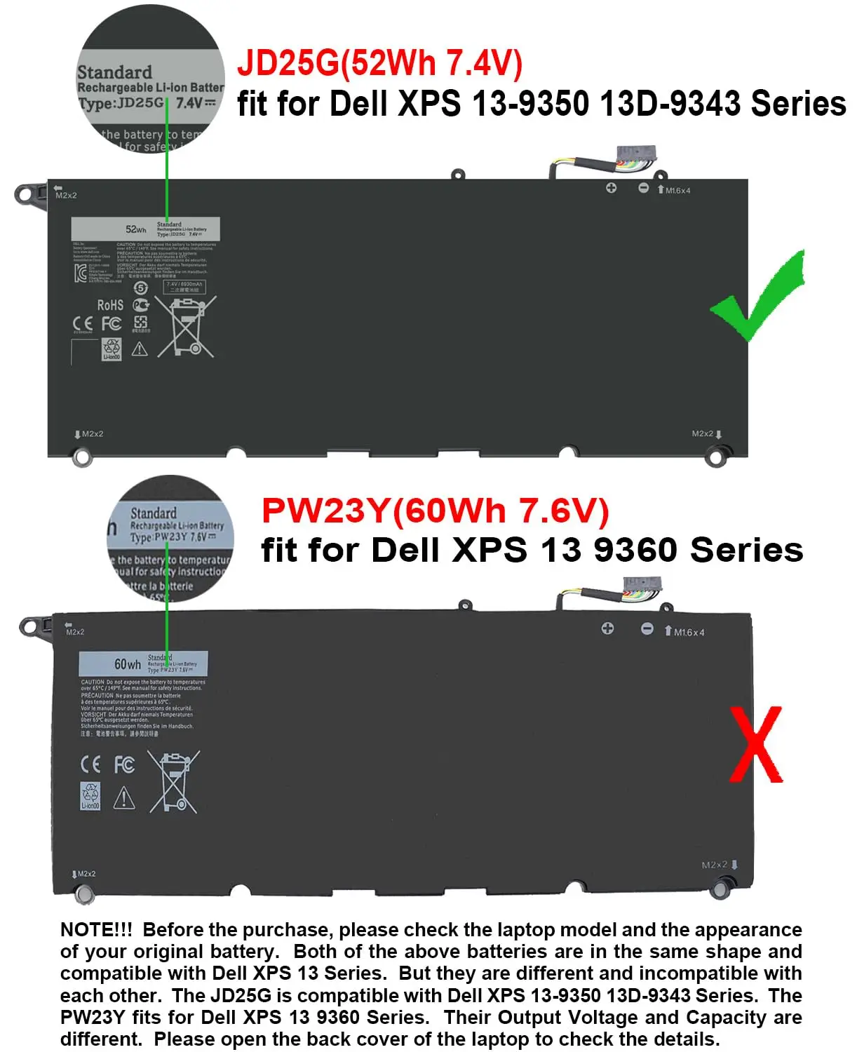 JD25G 90V7W Battery for Dell XPS 13 9350 9343 13D-9343-1708 13D-9343-3708 13-9350-D1508G 13-9350-350 13-9350-D1608 P54G JHXPY