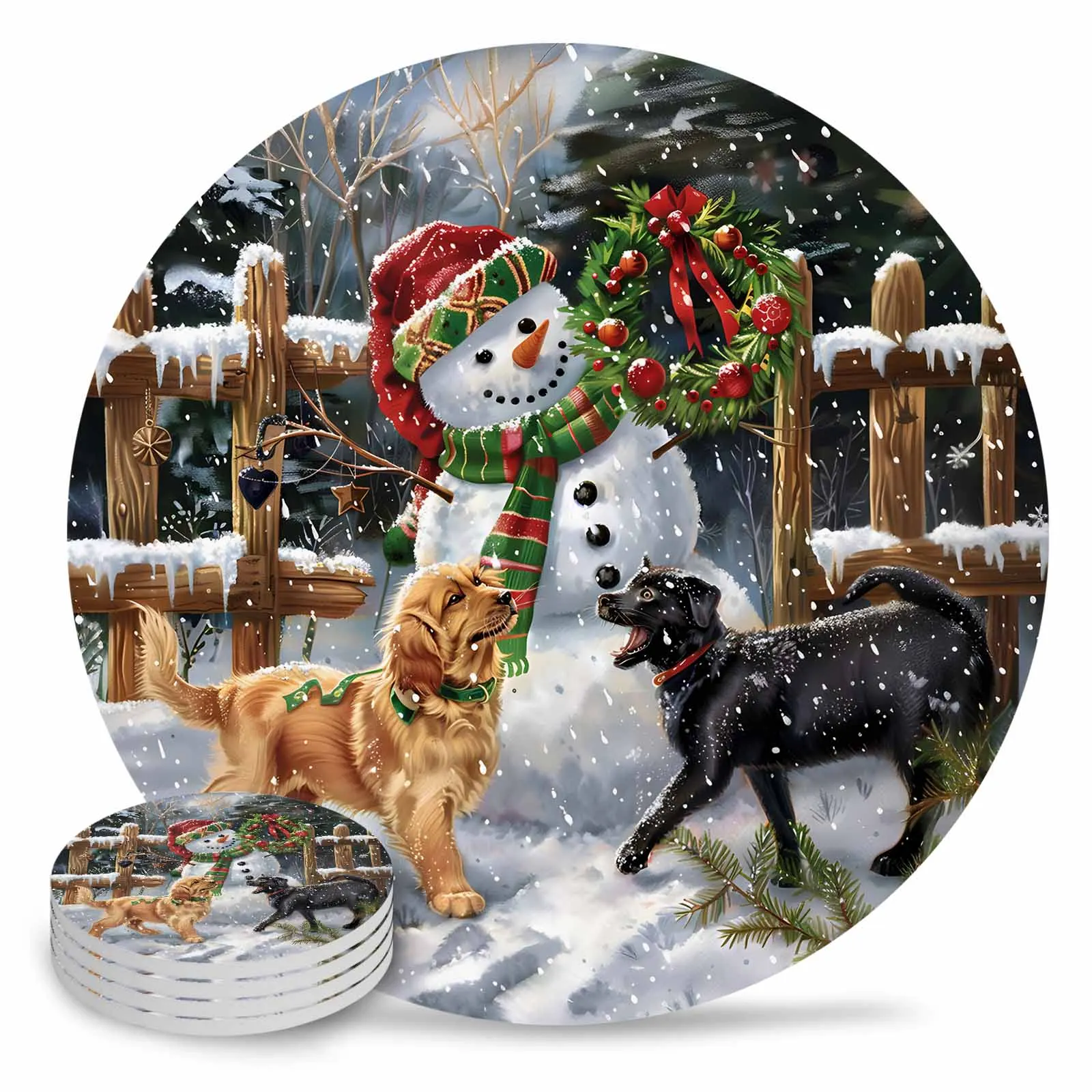 Christmas Dog Snowman Fence Round Coaster Coffee Table Mats Kitchen Accessories Absorbent Ceramic Coasters