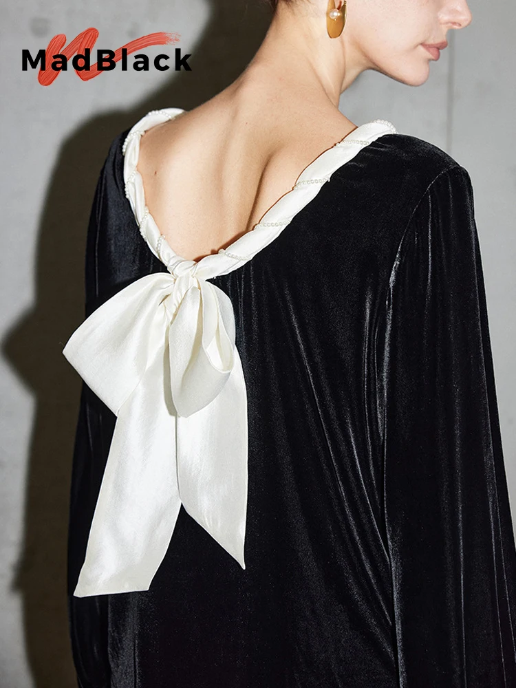 MadBlack-Silk Velvet Elegant T-shirt, Long Sleeve Beading Back Bow, Woman French Retro Commute Doll Top, 2026 Autumn T64547CC
