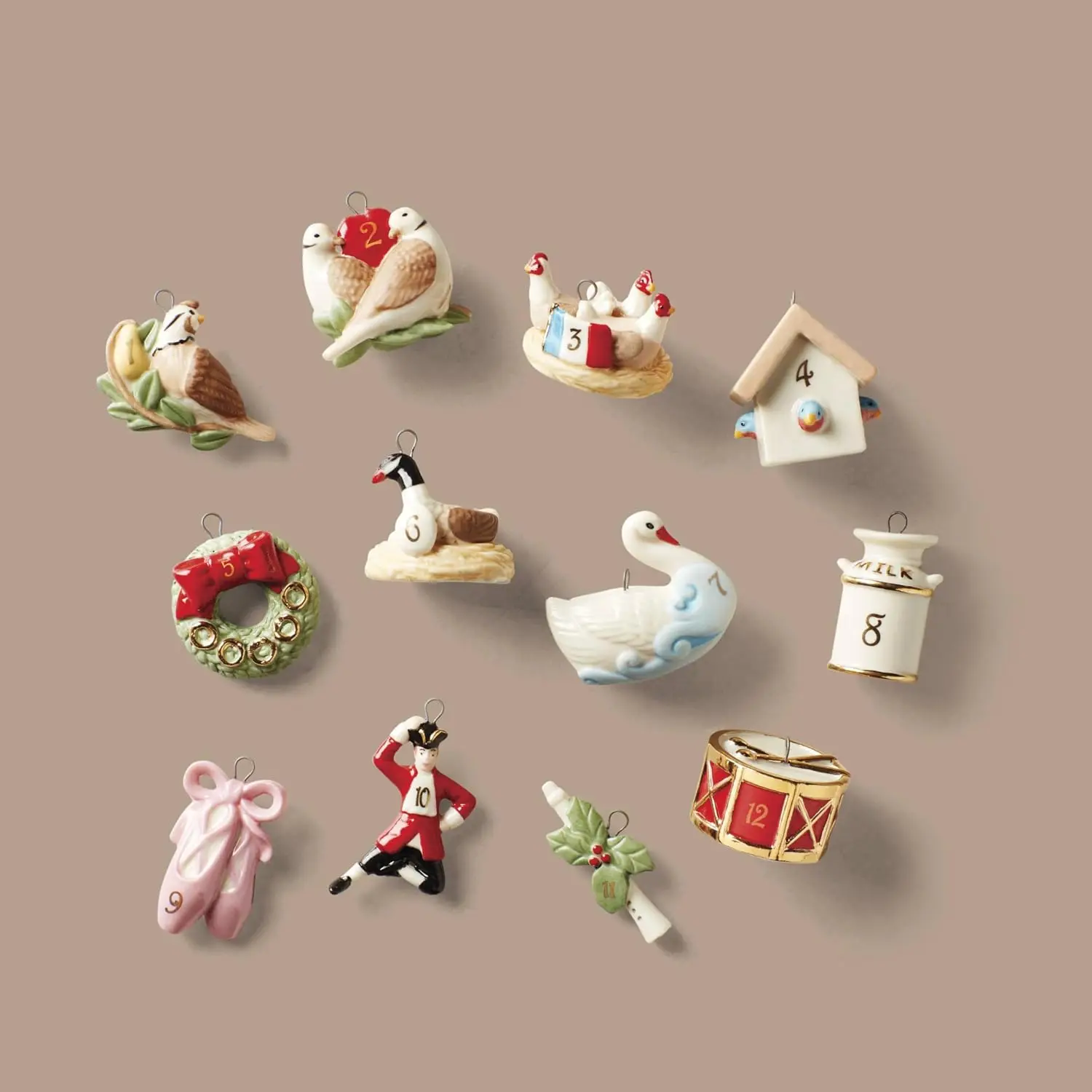 12 Days of Christmas Porcelain Ornament Set, Gold Cords, Classic Holiday Collectible Tree Decor