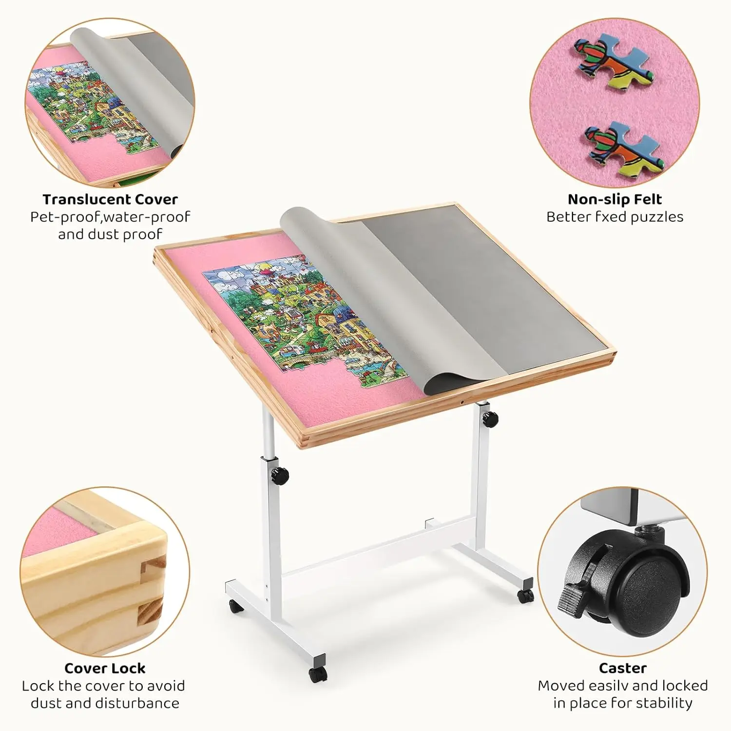 Adjustable Wooden Jigsaw Puzzle Table with Wheels, Puzzle Tables Fits 1500 Piece Puzzles,Wooden Puzzle Board for Adults