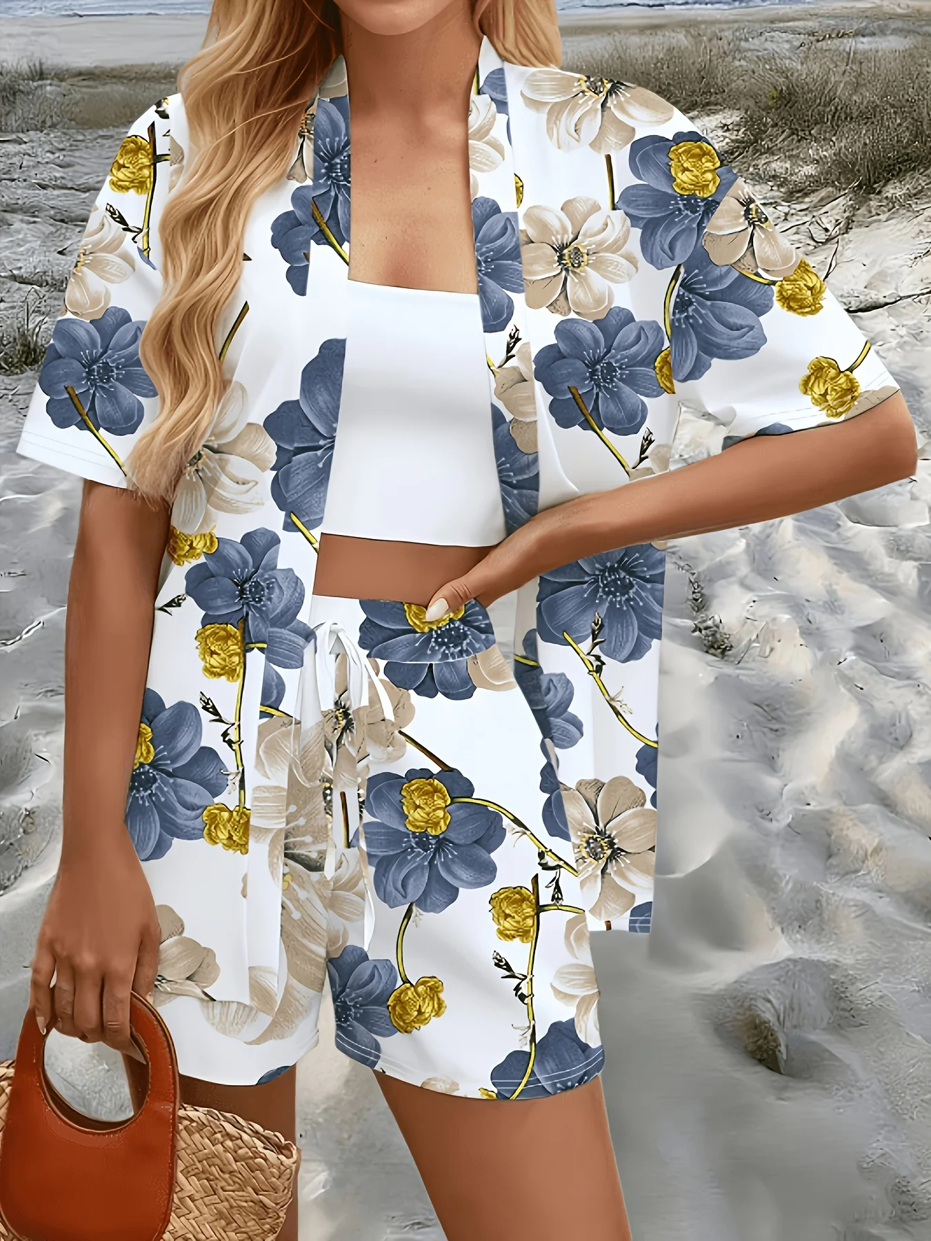 Summer Beach Vacation Style Set, Retro Blue and Yellow Floral Two-Piece Set, Short-Sleeved Cardigan and Drawstring Shorts