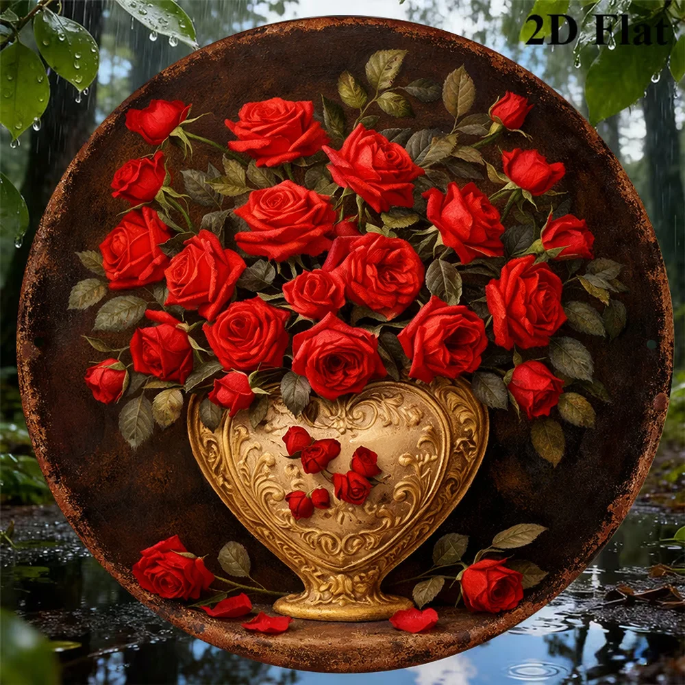 2D Flat, 1pc 8X8In/20X20Cm 2D Flat Round Sign, Vintage Plaque Featuring Flowers And Roses, Golden Heart-Shaped Vase Decorative S