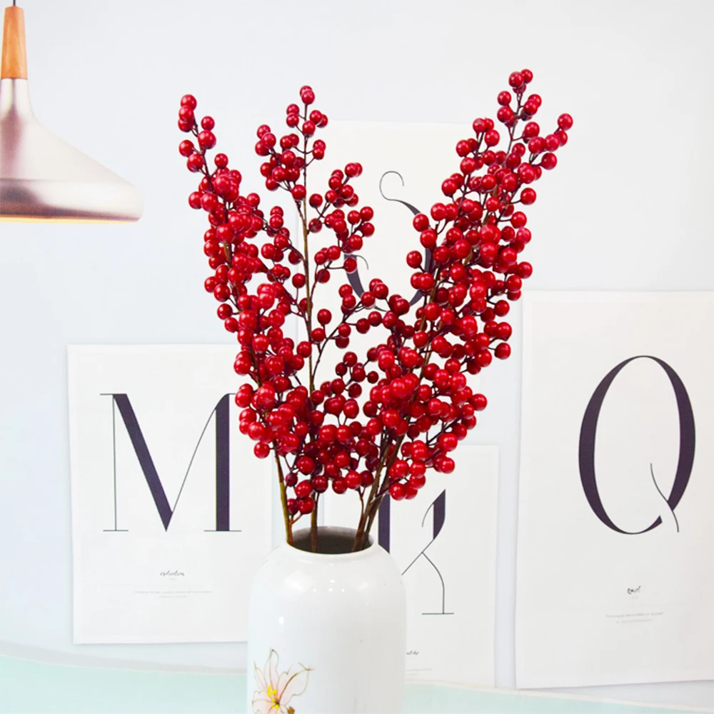 48cm-76cm Artificial Christmas Red Fruits Branch Fake Holly berries Plastic Plants for Home Harvest Festival Christmas Decor