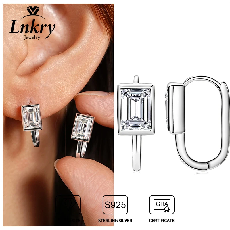 

Lnkry 5x7MM Emerald Cut Moissanite Hoop Earring With GRA For Women 925 Sterling Silver U-shaped Earring Korean INS Jewelry