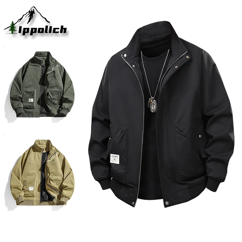 

IPPOLICH Plus Size Spring Autumn Men's Casual Jacket Street Fashion Multi Pocket Stand Up Collar Jackets Outdoor Loose Jacket