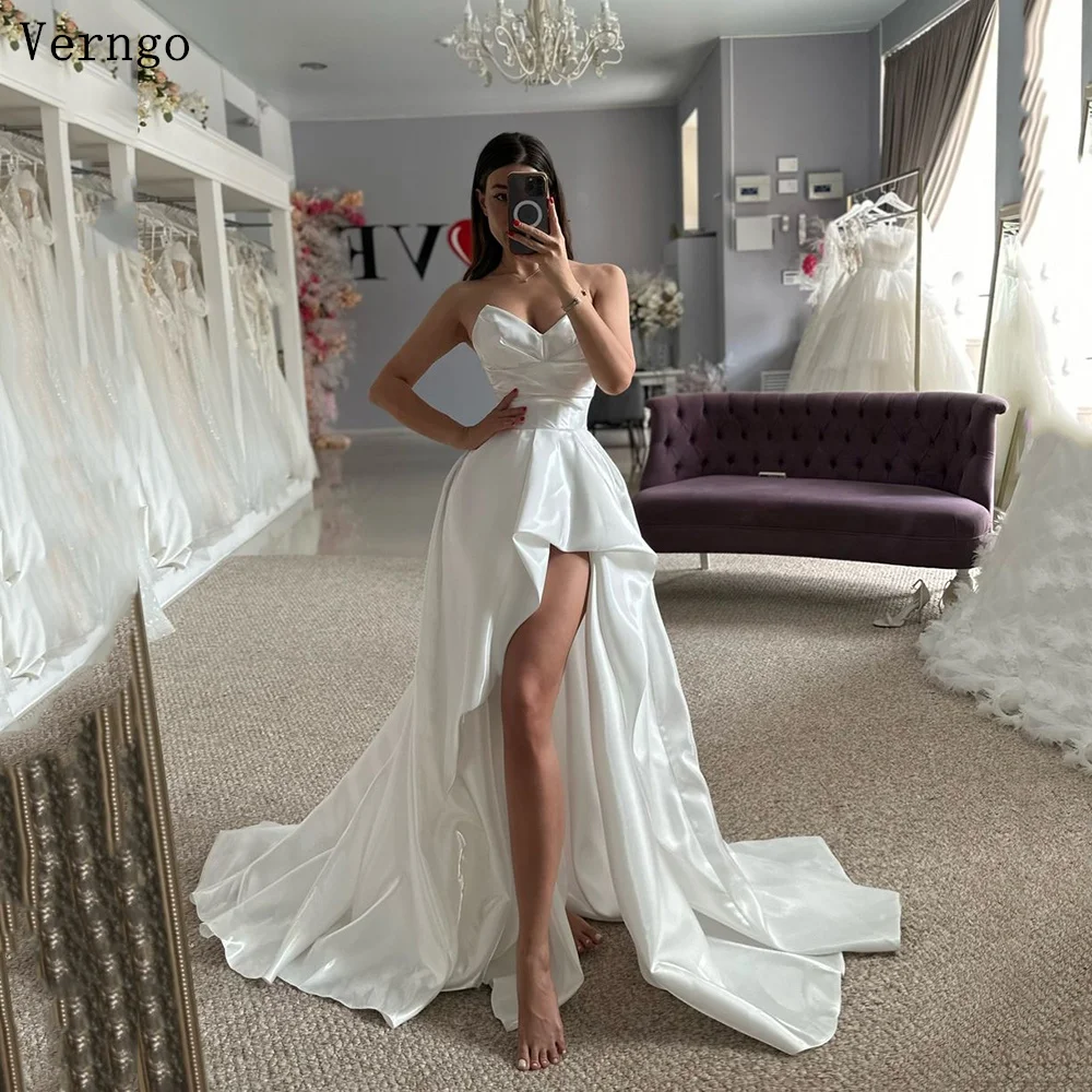 

Verngo lvory Satin Wedding Dress Sweetheart A Line Side Slit Bridal Gowns Women Sweap Train Classy Bride Dresses robe de mariée