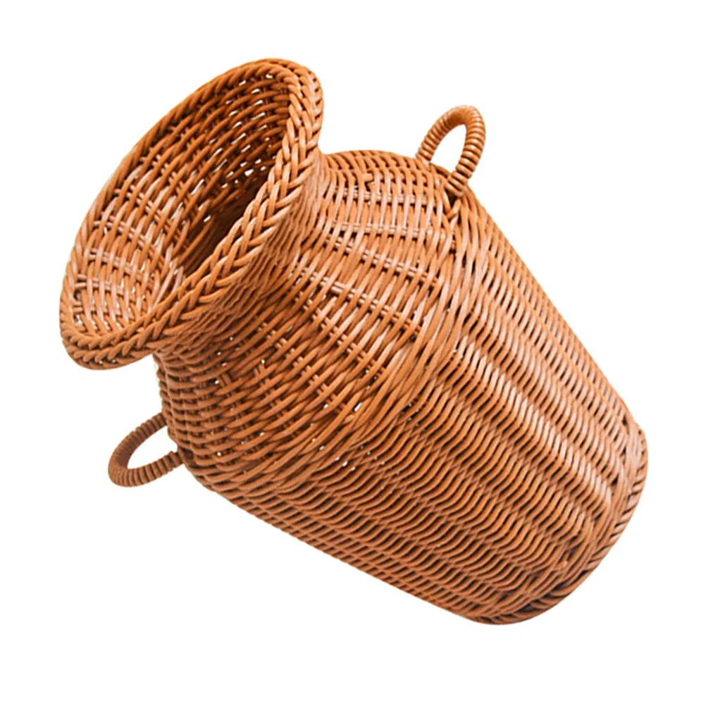 Brown Fake Flowers Rattan Hamper Imitation Vase Basket Storage Container Terrarium