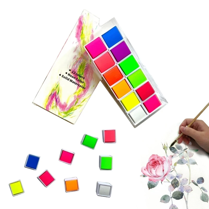 Pinturas de acuarela de colores fluorescentes, juego de artista portátil para pintar en tela, piedra, papel de madera, arte de uñas DIY, 12 colores