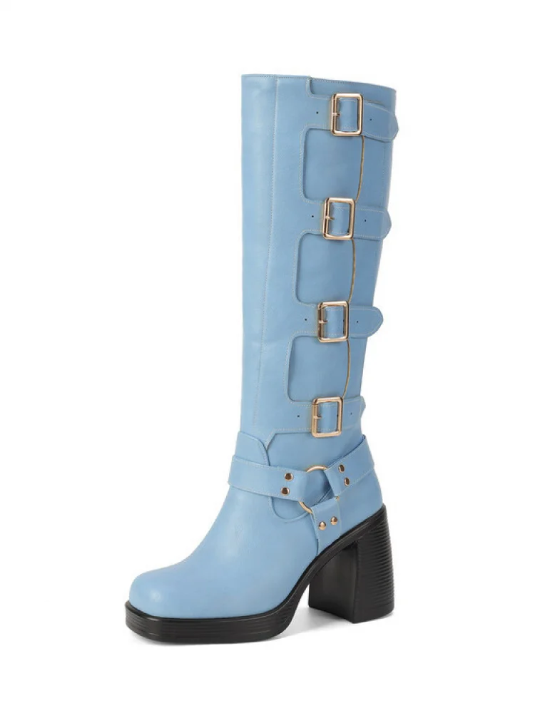 

Large Size High Top Boot Belt Bule Chunky Heel Square Head Chelsea Boot European Sle Spring Autumn Season Ultrine Fiber