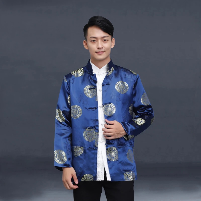 2022 Tang Suit Men\'s Shirt Chinese Traditional Retro Long-Sleeved Chinese Men\'s Kung Fu Hanfu New Year Clothes Birthday Party