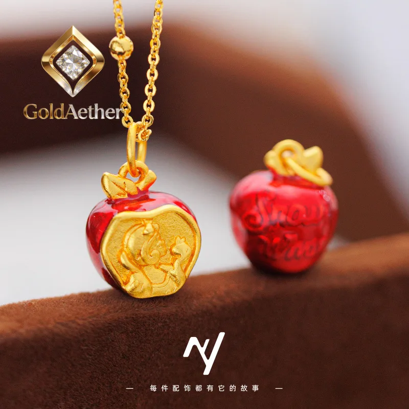 

GoldNouveau Luxury 24K 9999 Pure Gold real gold Super Sweet Snow White Enamel Red Apple Pendant Women's Necklace