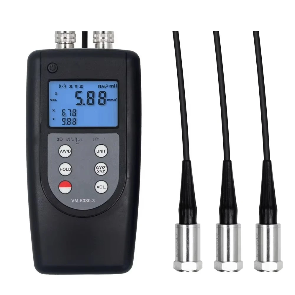 VM-6380-3 Digital 3D Vibration Tester Meter 3 Channels Vibrometer With 3 Piezoelectric Transducers Analyzer