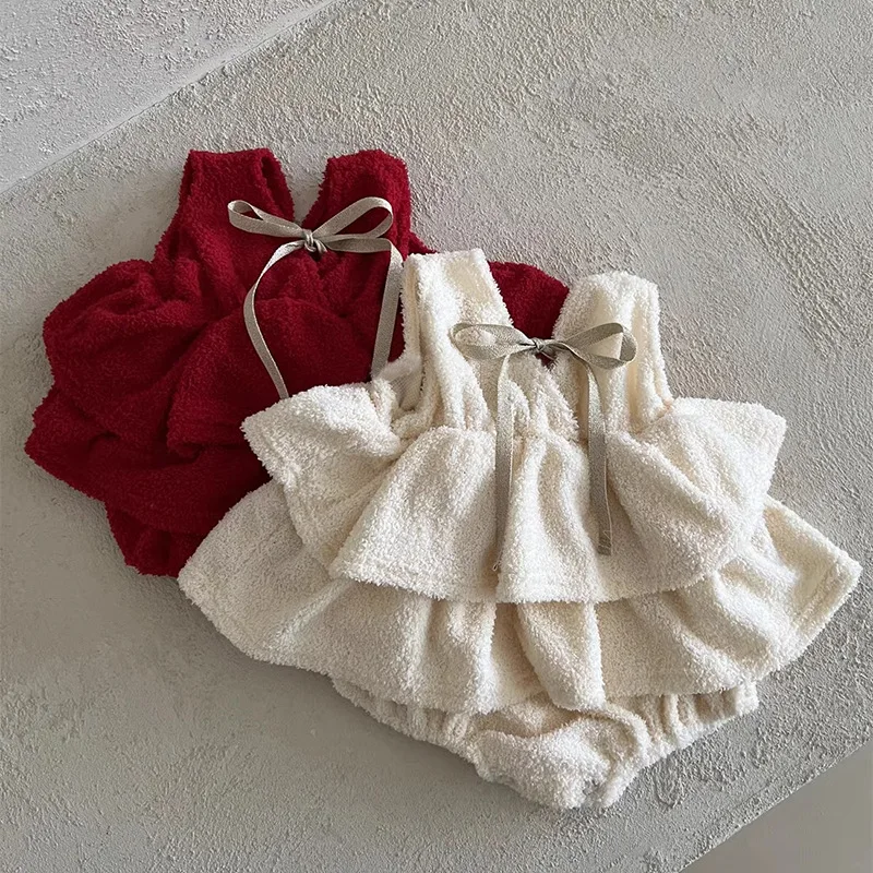 MILANCEL New Winter Baby Bodysuit 3-24M Solid Color Sweet  Infant Girls Pinafore Dress Cute Bow Thicken Loose Toddler Clothes