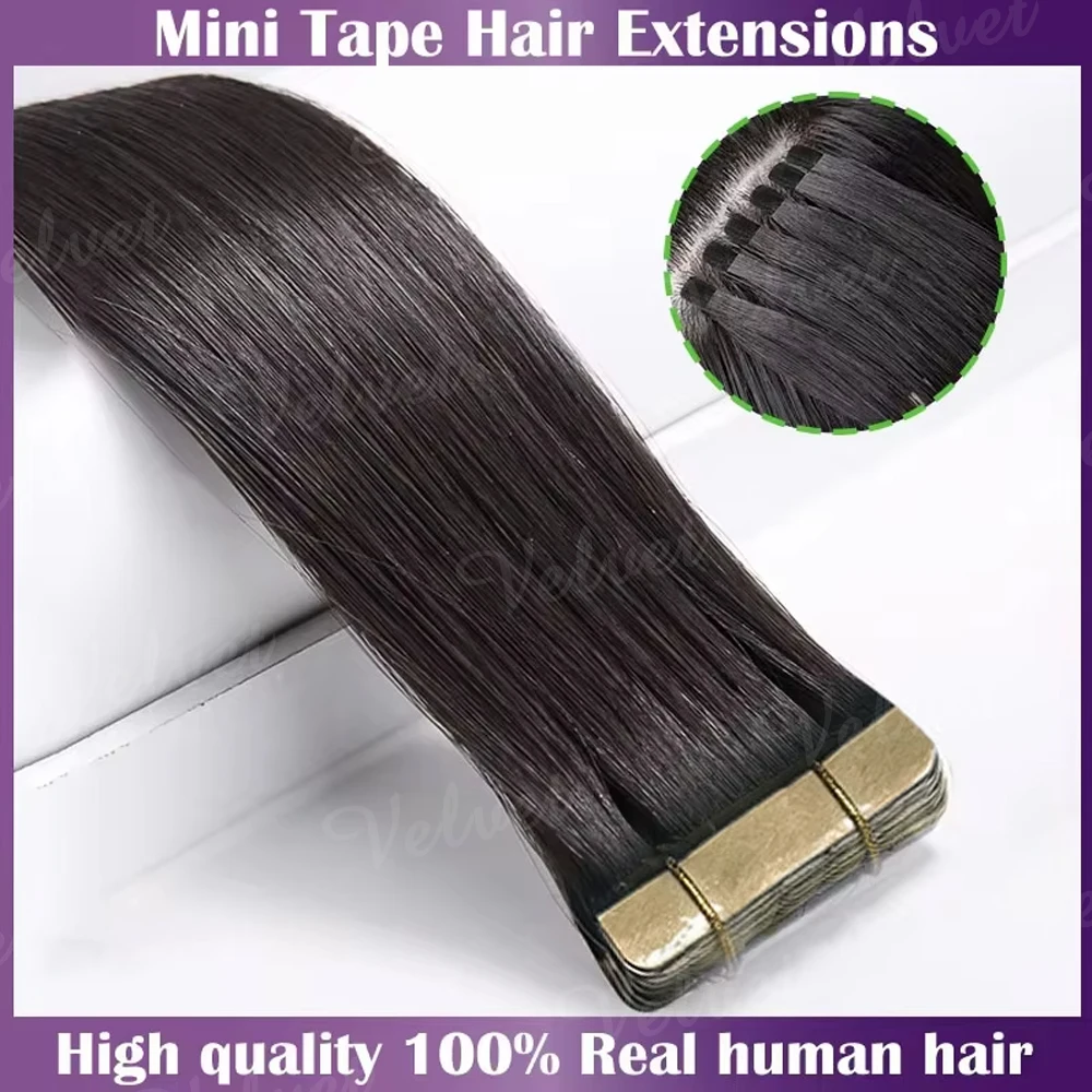 

Вельветовые мини-накладные прямые ленточные пряди из натуральных волос, 21 шт., бразильские, редеми, необработанные, на клейкой ленте, 100% густые натуральные волосы, черные