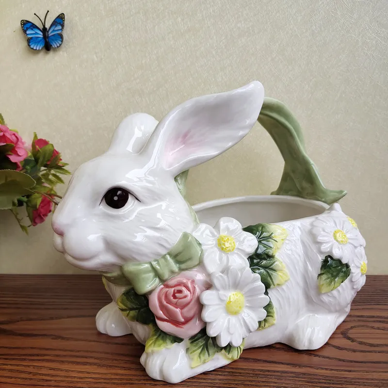 Hand Painted Underglaze Rabbit Fruits Basket Decor Floral Bowl for TV Cabinet Desk Storage Tote for Fruits Rustic Home Accent
