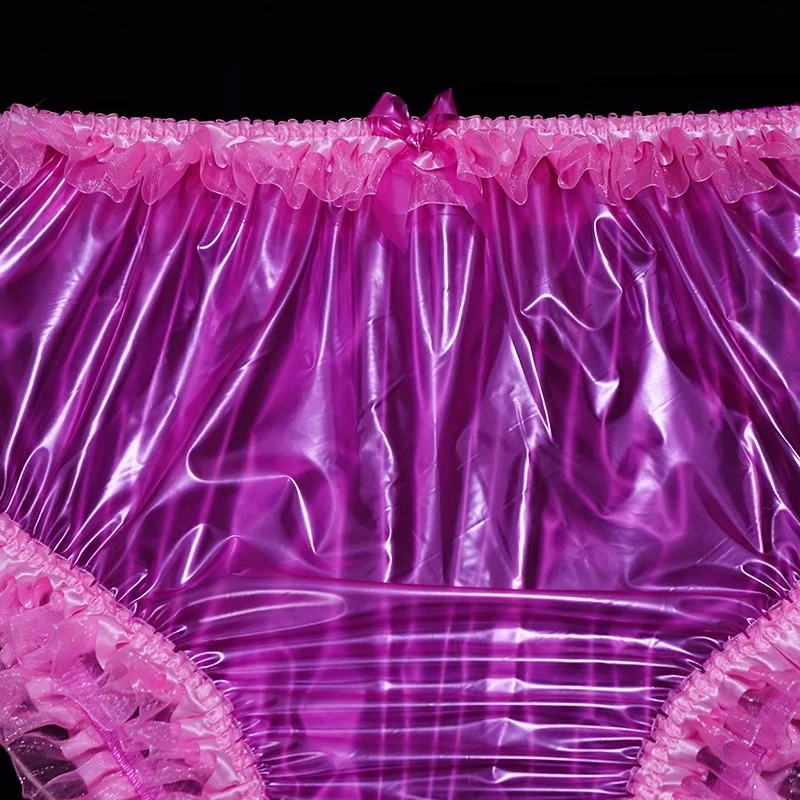 Pink PVC Sexy Transparent Lace High Waist Briefs ABDL Soft Plastic Panties Waterproof Diaper Underpants Couple Erotic Pants