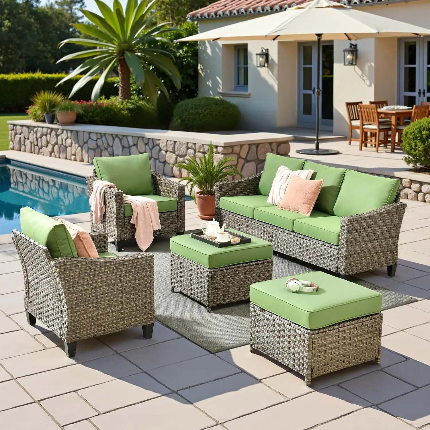 5 Pcs Patio Conversation Set for 7 Seats, Rattan Wicker Outdoor Patio Furniture Set, 2 x Single Chair, 2 x Ottoman,, Customized