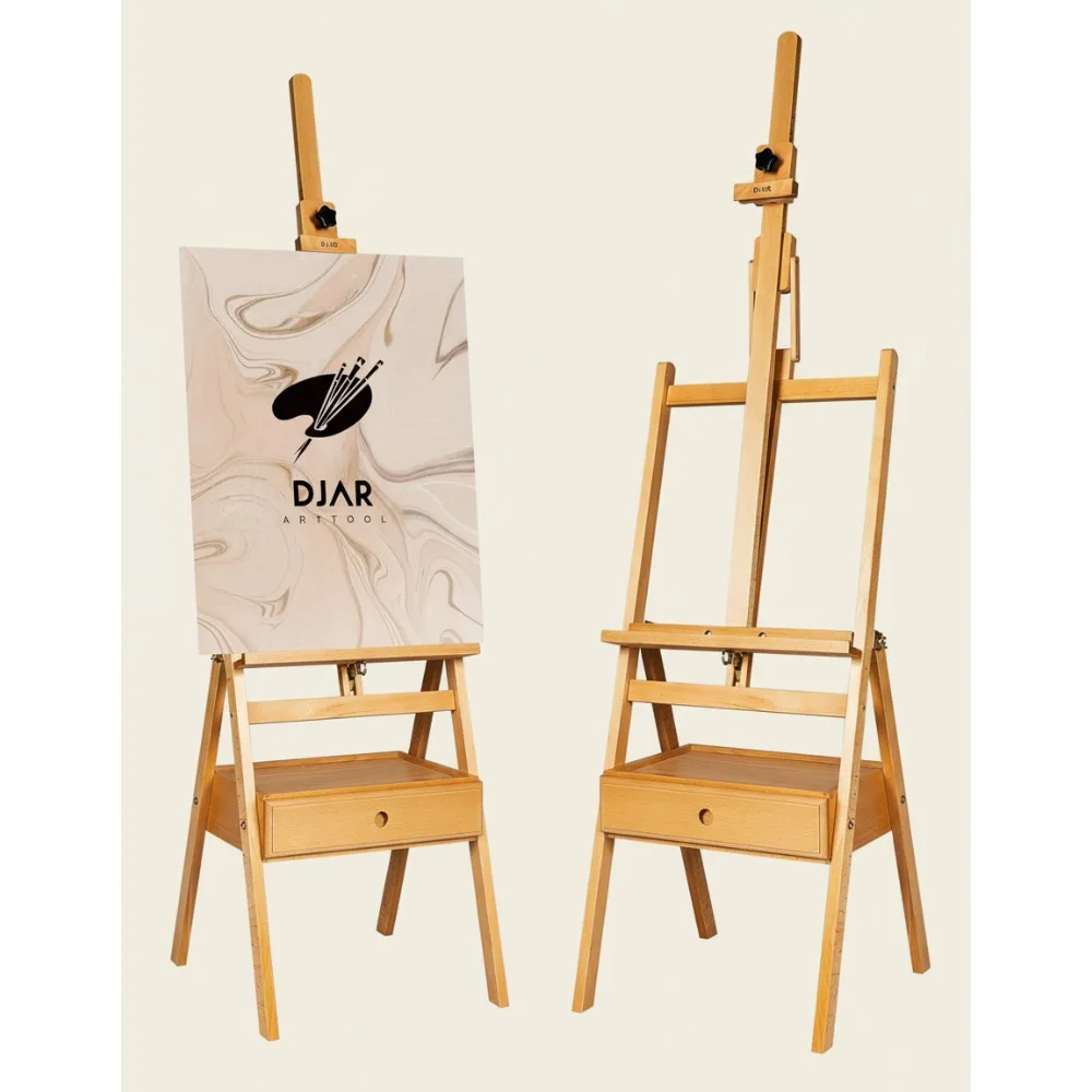 حامل كبير بإطار على شكل حرف H مع درج تخزين، ارتفاع 75 بوصة قابل للتعديل، حامل رسم من خشب الزان الصلب للطلاب البالغين #1