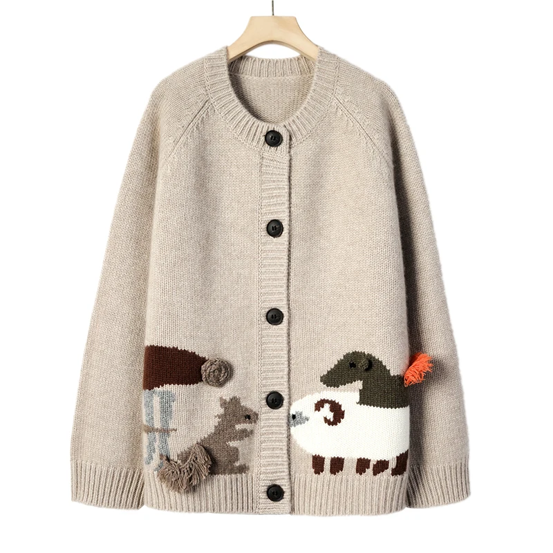 

Autumn and winter heavy heavy hand embroidered zoo coat round neck casual loose European goods 100% pure cashmere cardigan