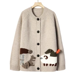 Autumn and winter heavy heavy hand embroidered zoo coat round neck casual loose European goods 100% pure cashmere cardigan