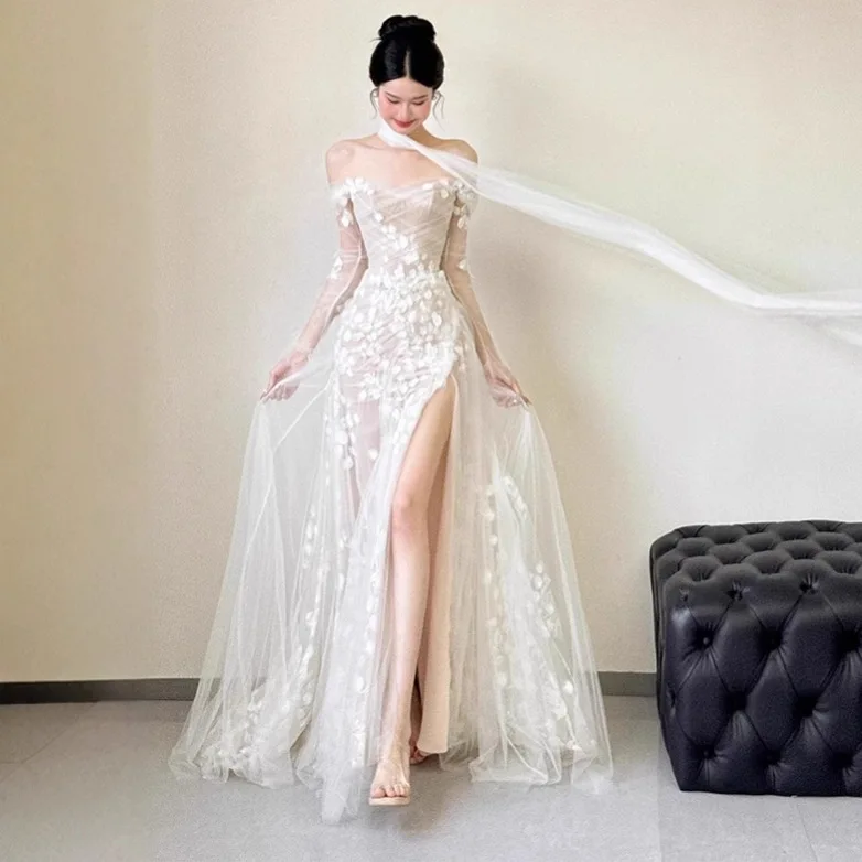 

Sexy One-Shoulder Wedding Dress Bridal Gown Morning Robe Tulle Splice Evening Fish-Tail Evening Gown for Wedding And Engagement