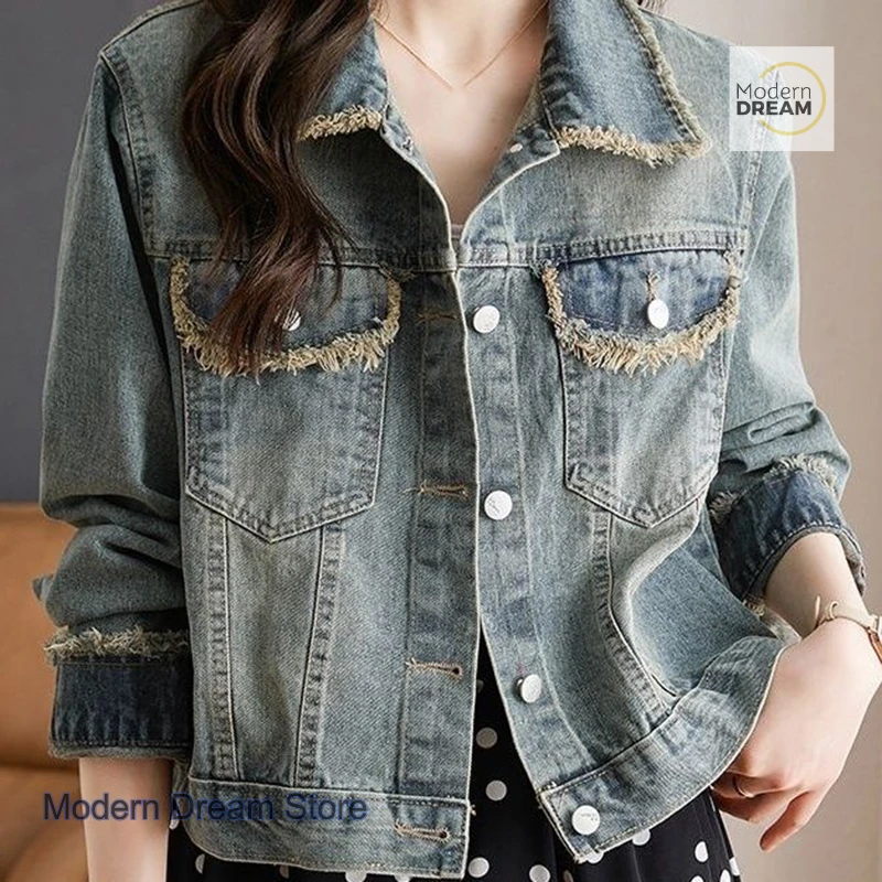

Korean style retro denim jacket women's spring and autumn new fashion Joker casual slim design loose short casual rough top.
