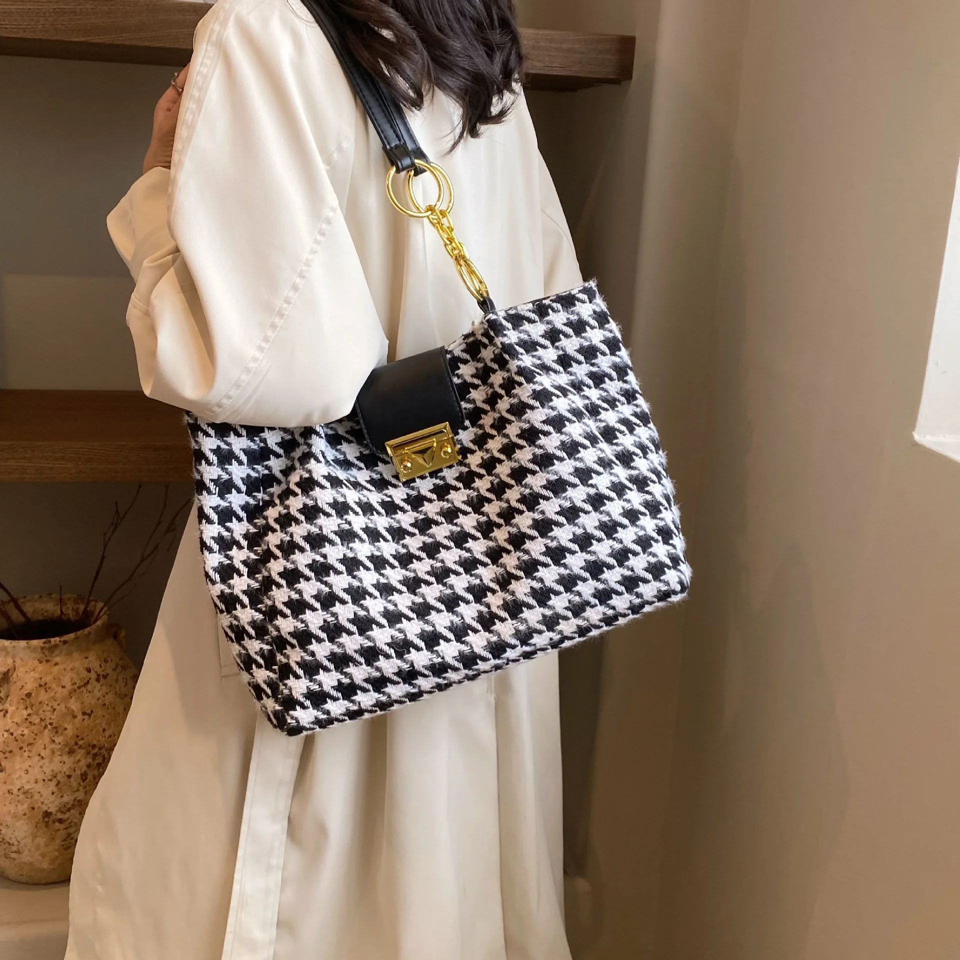 Big Houndstooth Tote Shoulder Bags for Women Handbags and Purses 2023 New Trendy Designer Large Shopping Bags High Quality