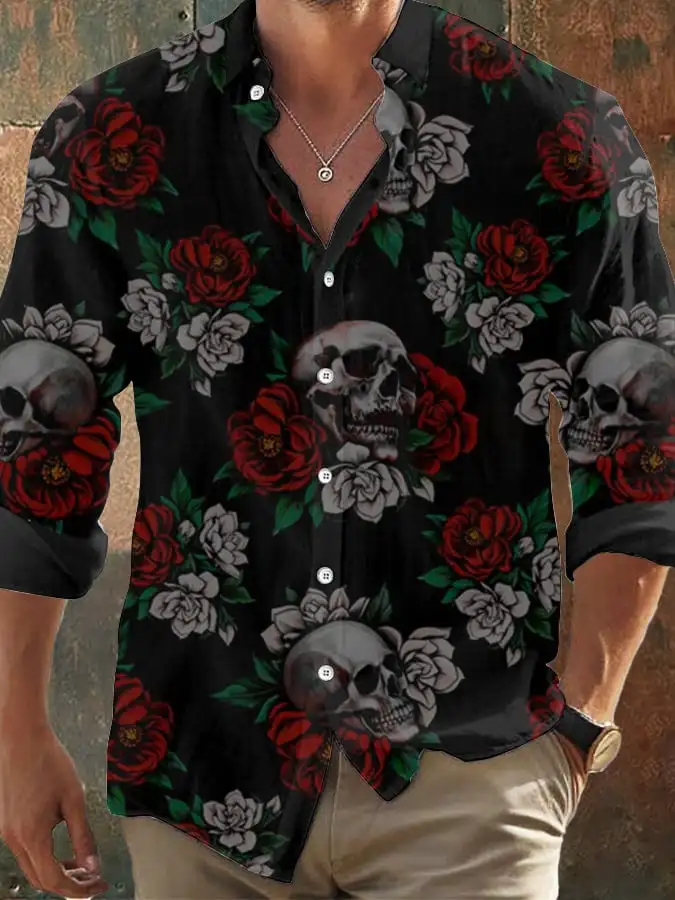 Halloween Men's Retro Dark Skull Prints Long Sleeve Shirt-Skull Rose Prints Black Tops Regular Fit,Lapel Collar, Polyester Blend