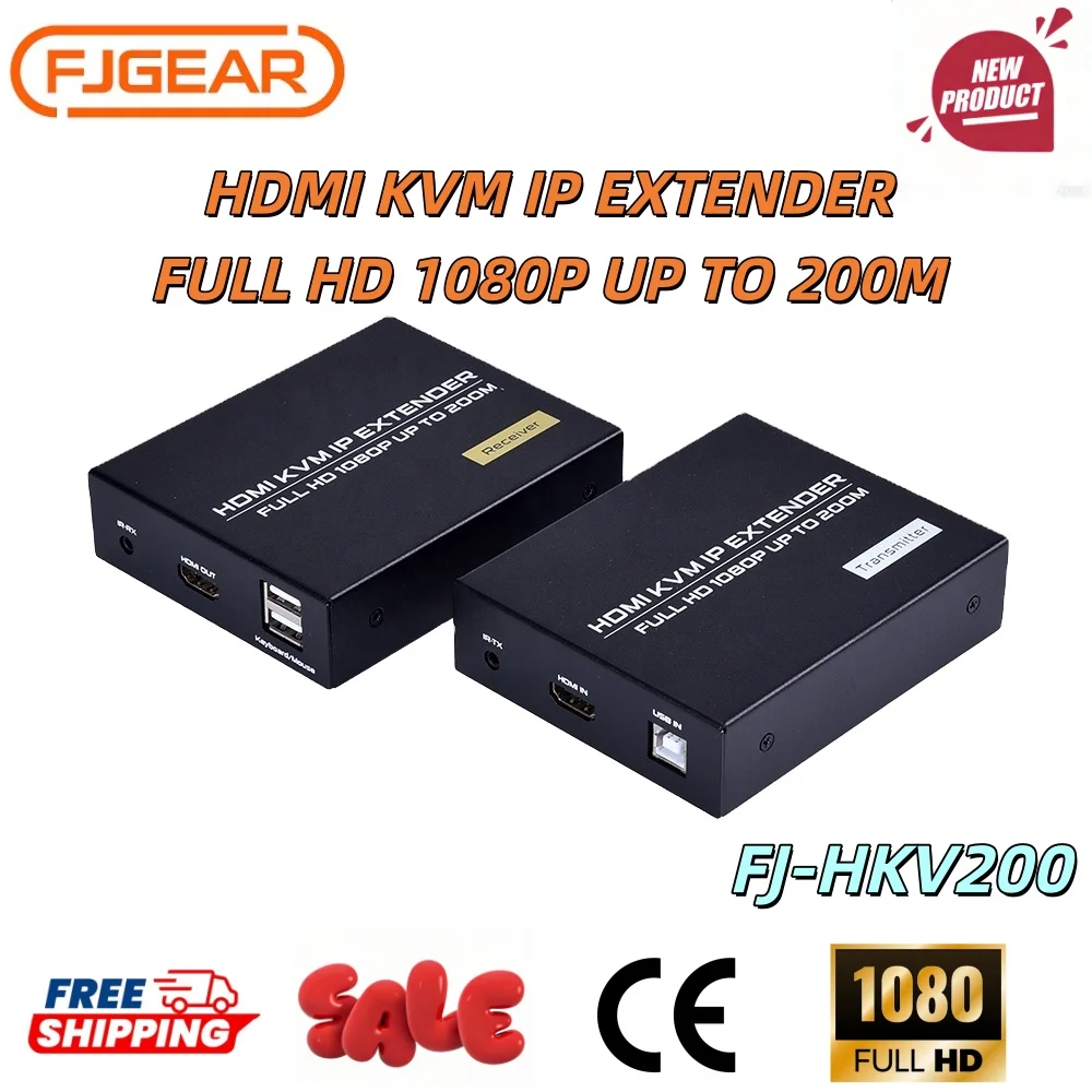 FJGEAR FJ-HKV200 HDMI KVM IP Extender 200M 1080P@60Hz Over CAT5e CAT6 Cable USB KVM Extender for PC NVR Monitor