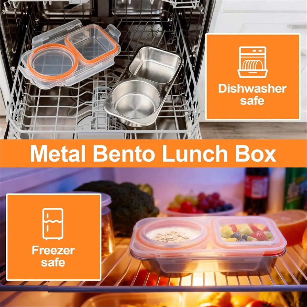 Stainless Steel Snack Containers, 400ml 2 Compartment Snackle Box with Lids Airtight, Leakproof Bento Box Reusable
