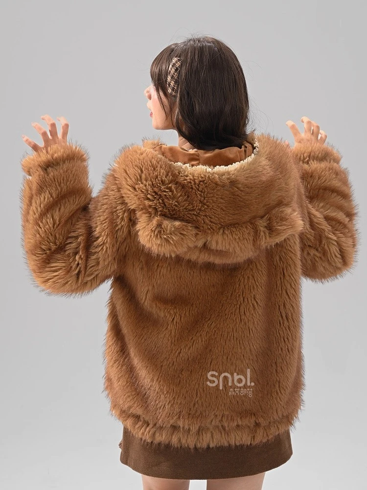 أزياء حلوة لطيف فتاة الدب هوديي معاطف واحدة الصدر فضفاضة تنوعا Kawaii سميكة أفخم سترات قصيرة للنساء الشتاء #2