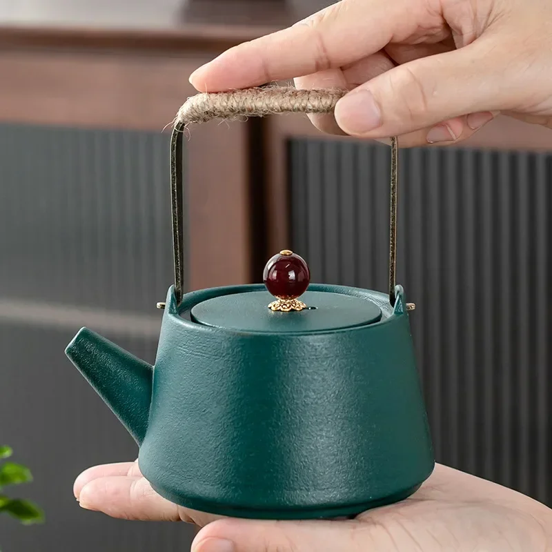 Black Pottery Lifting Beam Teapot Simple Agate Tea Set Creative Retro Single Pot Ceramic Kungfu Set Tea Making Tea Pot