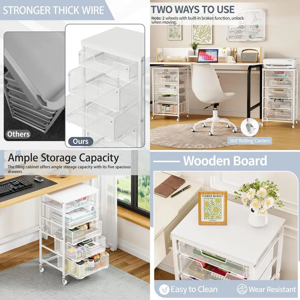 

Белый шкаф для документов на колесиках с 5 ящиками для хранения домашнего офиса и подставки для принтера