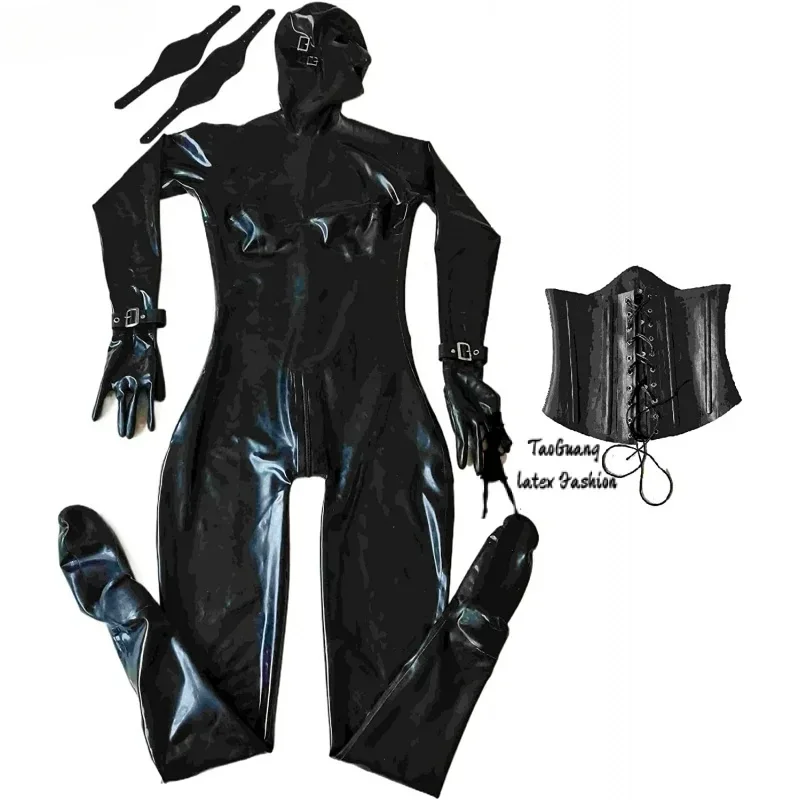 

Sexy Black Latex Fetish Catsuit Full Bodysuit 3D Breast Corset Hood with Eyes Patch
