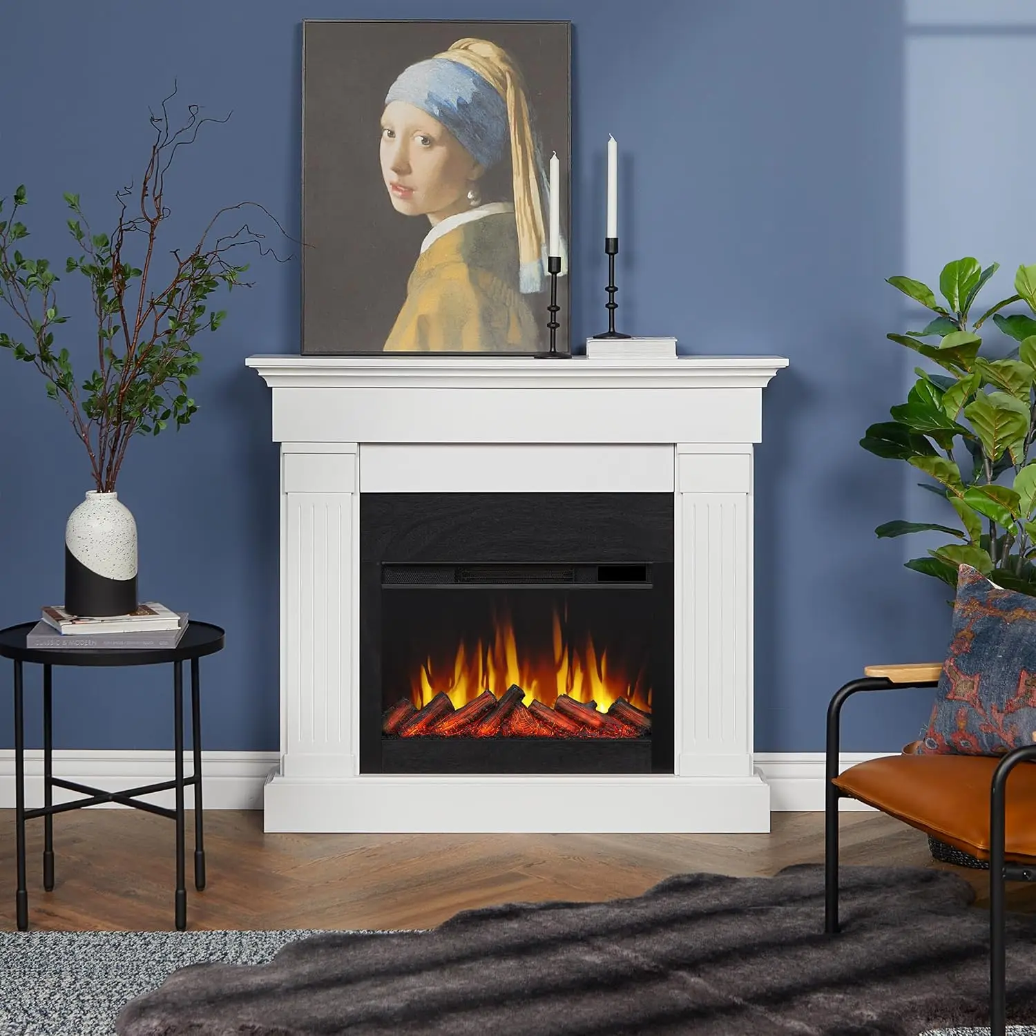 Room or Bedroom, Replaceable Fireplace Insert Heater, Realistic Log and Flame Effect, Remote Control, Timer, White