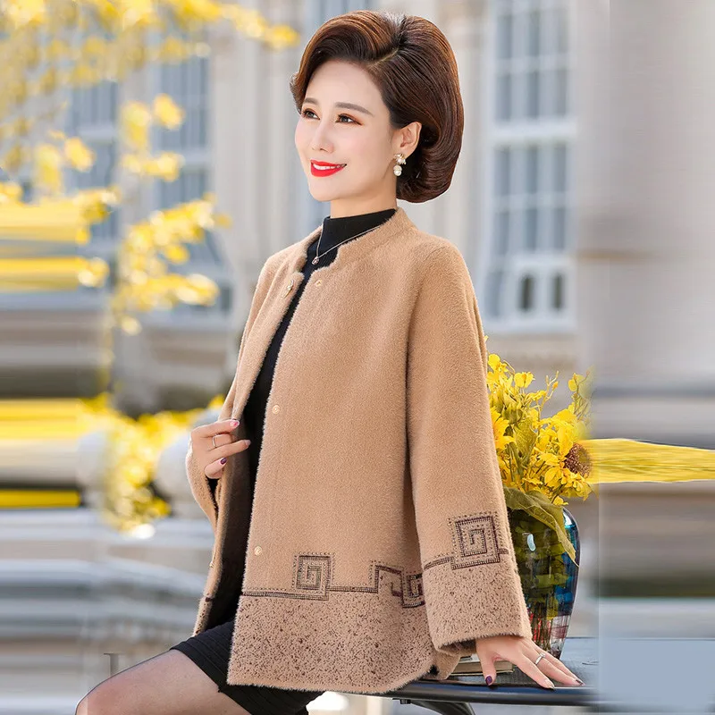 New Middle-aged Elderly Women Imitation Mink Velvet Sweater Jacket Spring Fall Women Knitted Cardigan Large Size Mother Clothes