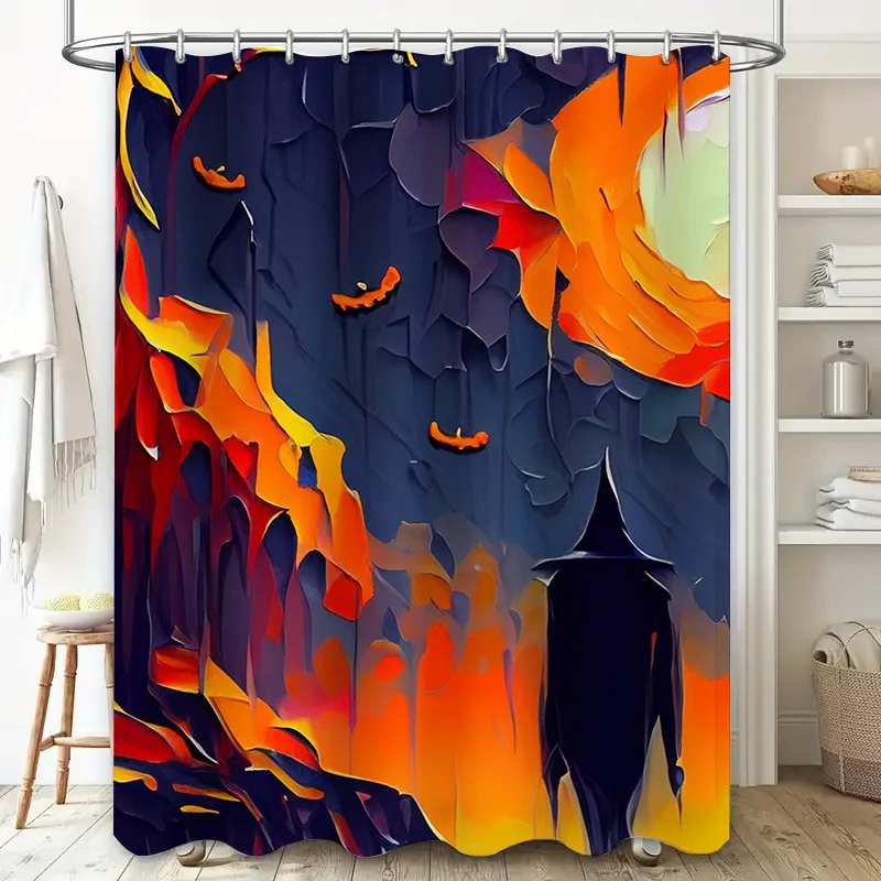 Spooky Halloween Shower Curtain Haunted House Ghosts Fire Red Colorful Artistic Design for Bathroom Decor (Size: 72 x 78 inches)