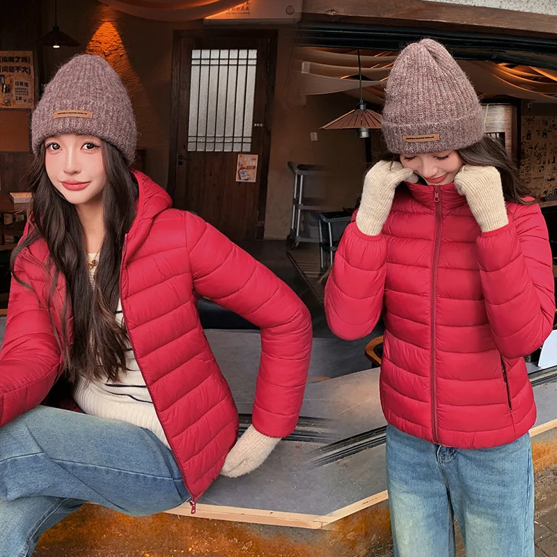 سترة نسائية مبطنة بلون سادة من القطن بسحاب كامل سترة شتوية خفيفة الوزن بغطاء للرأس بسيطة ومتعددة الاستخدامات معطف مبطن من القطن #4